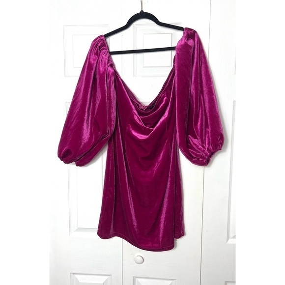 Pretty Little Thing Fuchsia Pink Velvet Puff Sleeve Bodycon Mini Dress XL 14 - Picture 5 of 7